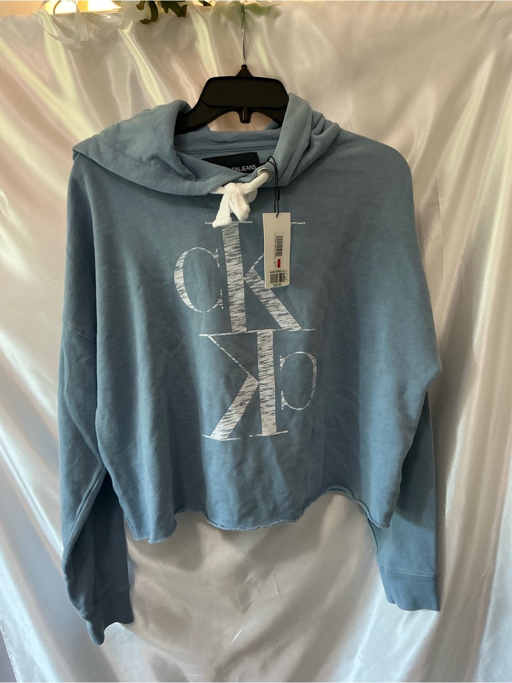 NWT XS Women Calvin Klein Blue Cropped Logo Hoodie Sweater